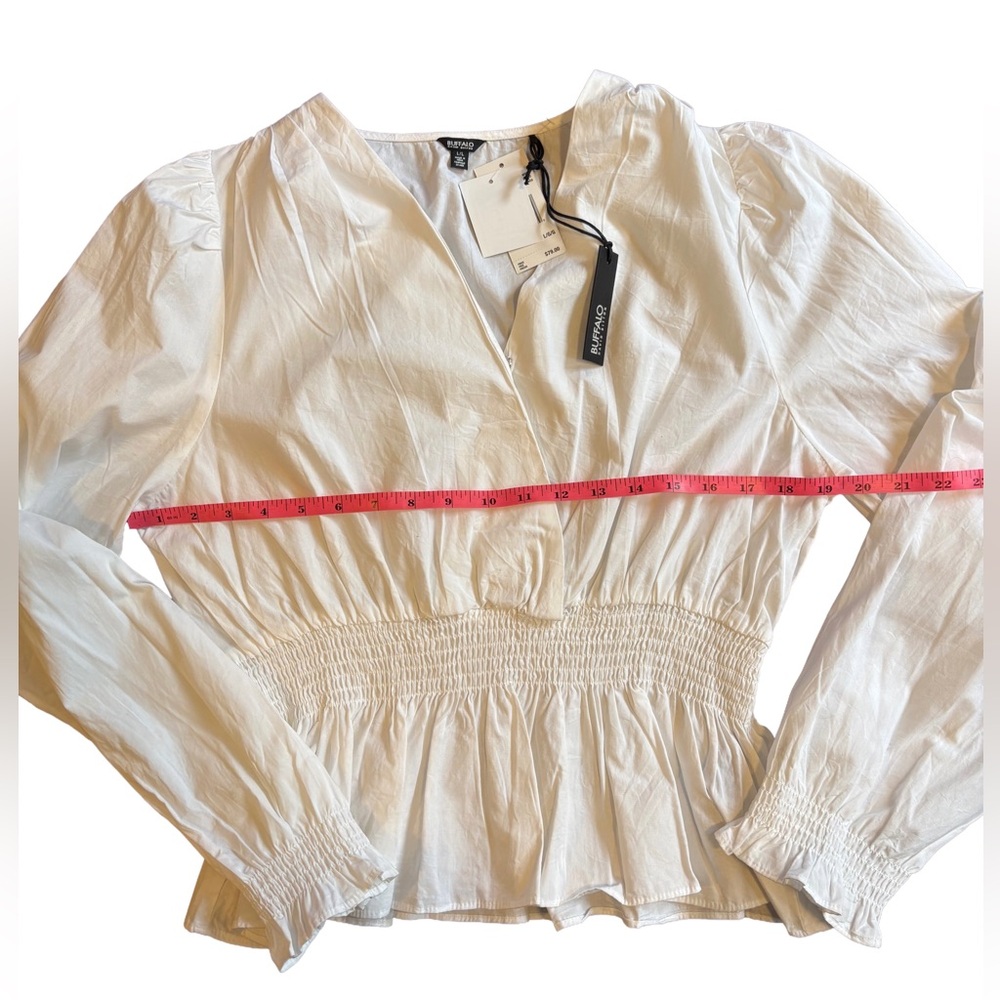 NWT Women’s Buffalo David Bitton Trinity White Smocked Cotton Blouse, Size L - Picture 5 of 7